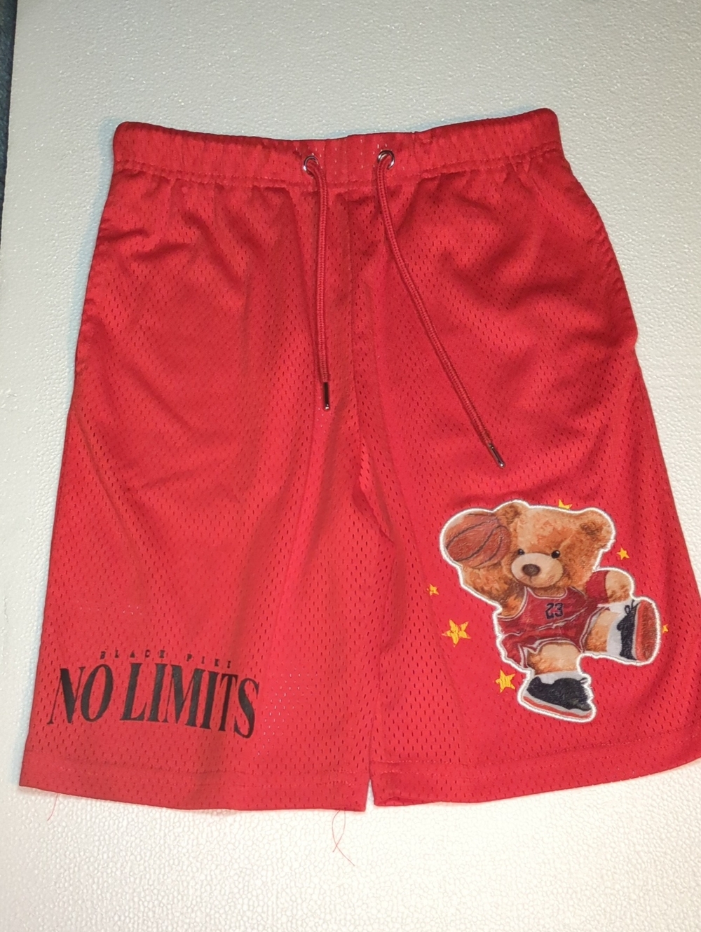 Kid's Black Pike No Limits Red Athletic Mesh Shorts with Bear Patch 10-12 Yrs